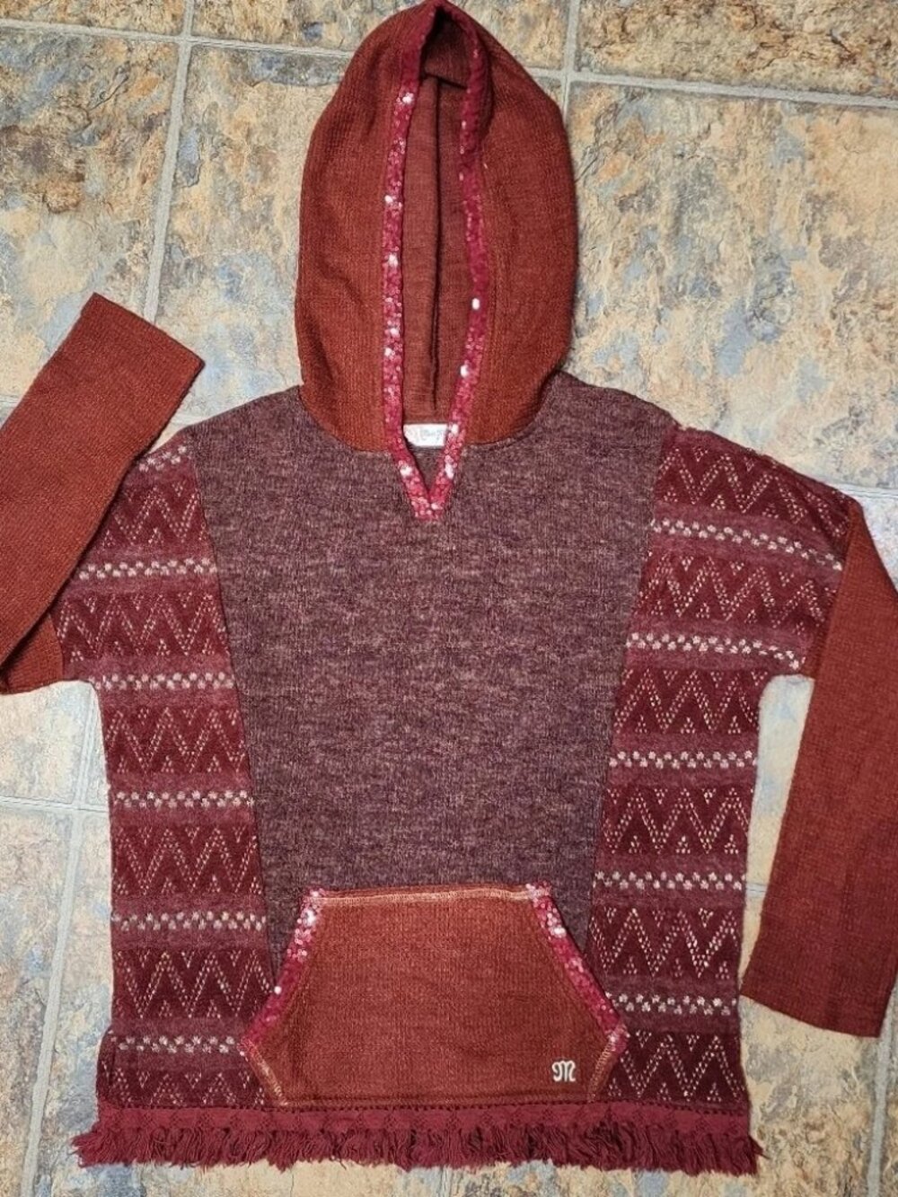 Miss Me Girls Sweater Red Rust Color Boho Style With Hood Sz XL C106
